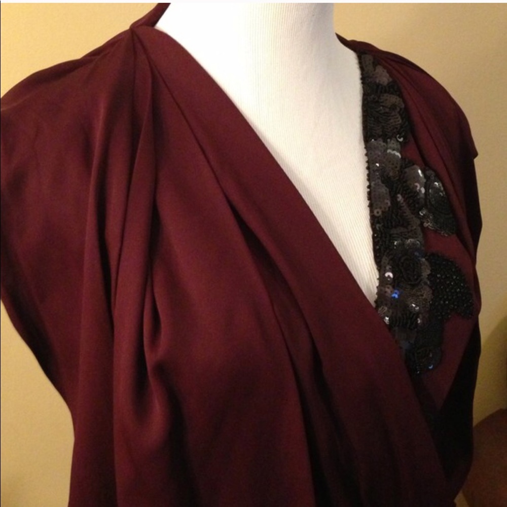 Draped, plum mini dress with black sequins